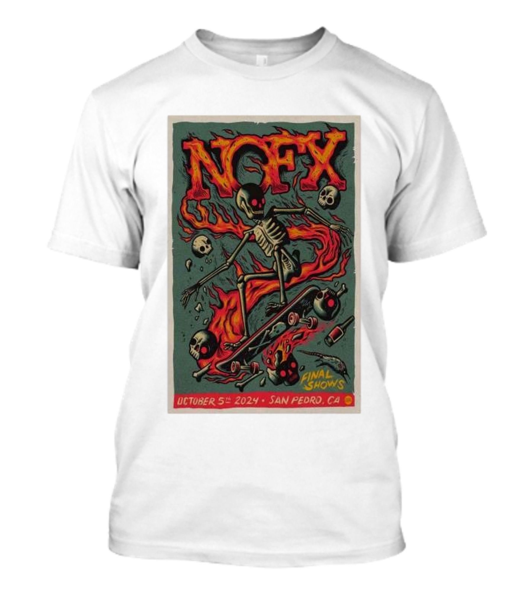 NOFX Final Shows October 5th 2024 San Pedro CA Skeleton Skateboarding Flames T-Shirt