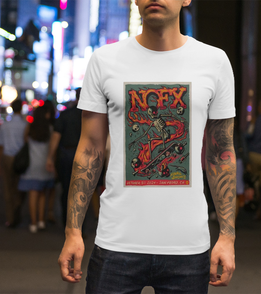 NOFX Final Shows October 5th 2024 San Pedro CA Skeleton Skateboarding Flames T-Shirt