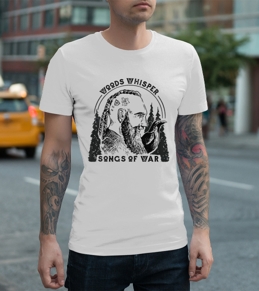 Woods Whisper Songs of War Viking with Raven and Forest Symbols T-Shirt