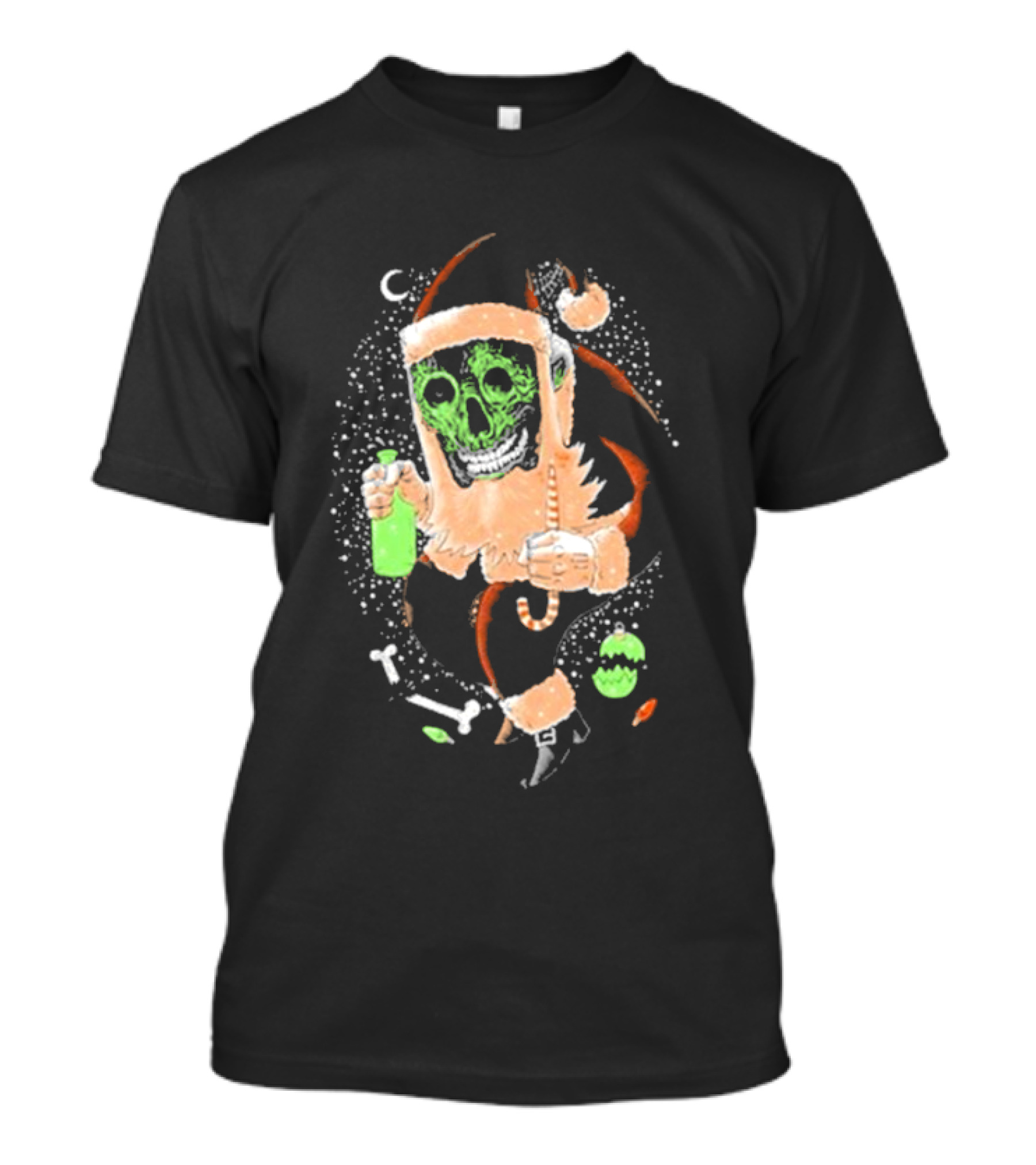 Bad Magic Christmas 2024 Neon Skeleton Santa Holding Green Bottle T-Shirt