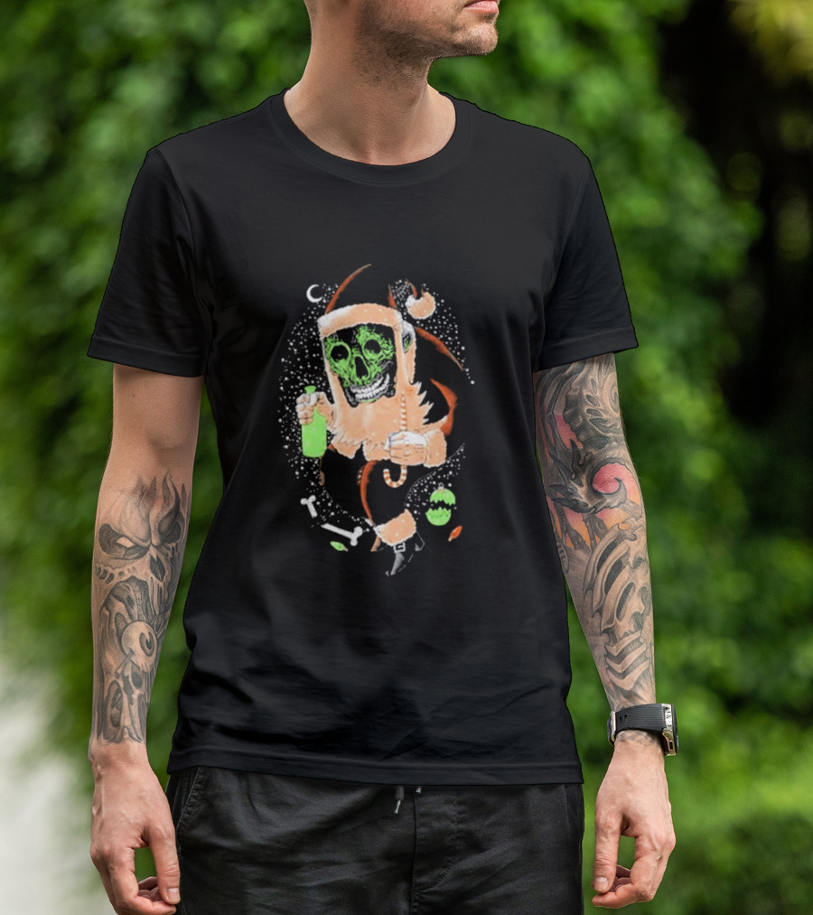 Bad Magic Christmas 2024 Neon Skeleton Santa Holding Green Bottle T-Shirt