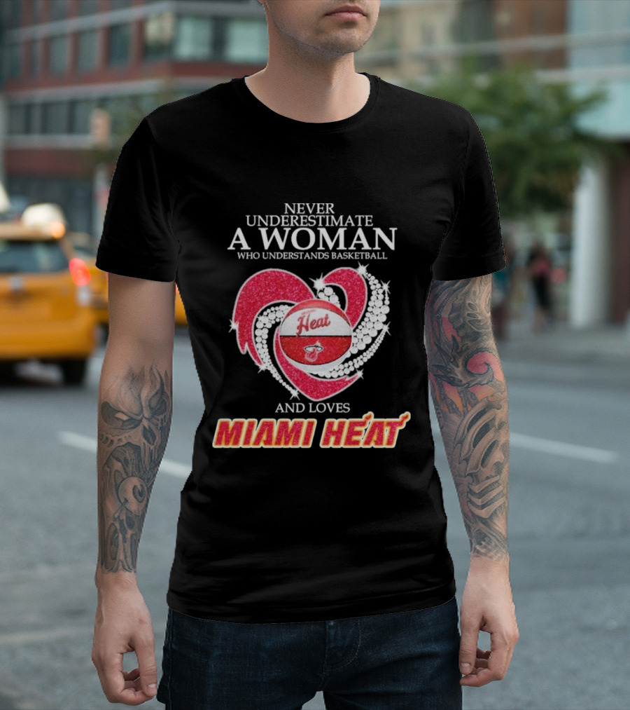 Never Underestimate a Woman Who Understands Basketball and Loves Miami Heat with Red Heart and Basketball T-Shirt