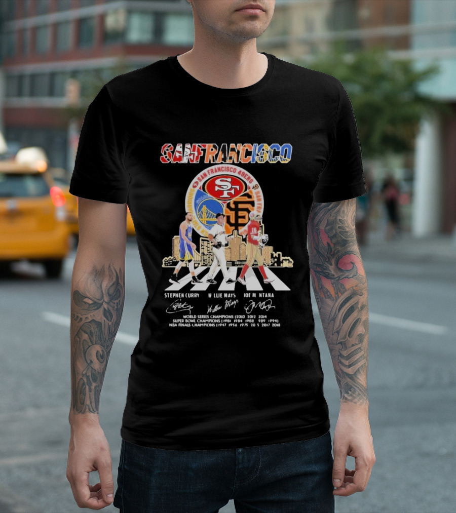 San Francisco 49ers Go On For Fan Stephen Curry Willie Mays Joe Montana World Series Super Bowl NBA Finals Champions T-Shirt