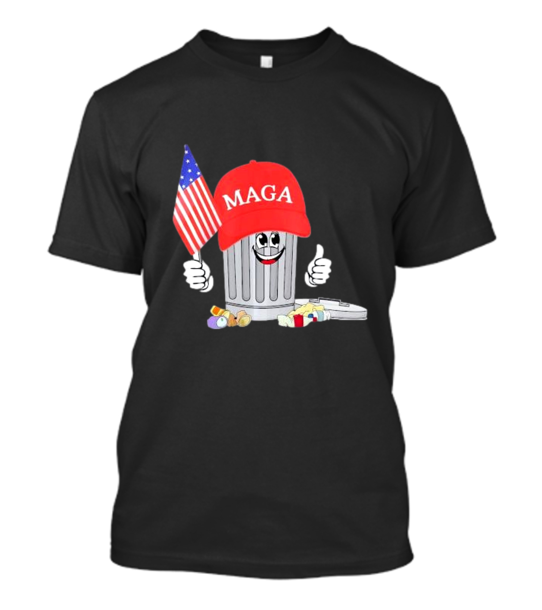 MAGA Garbage Can Cartoon Character Holding American Flag With Trump Hat T-Shirt