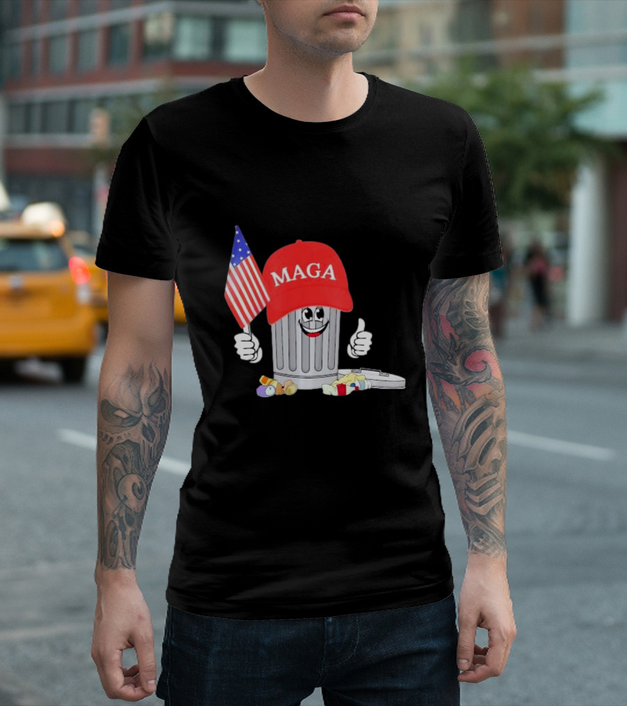 MAGA Garbage Can Cartoon Character Holding American Flag With Trump Hat T-Shirt