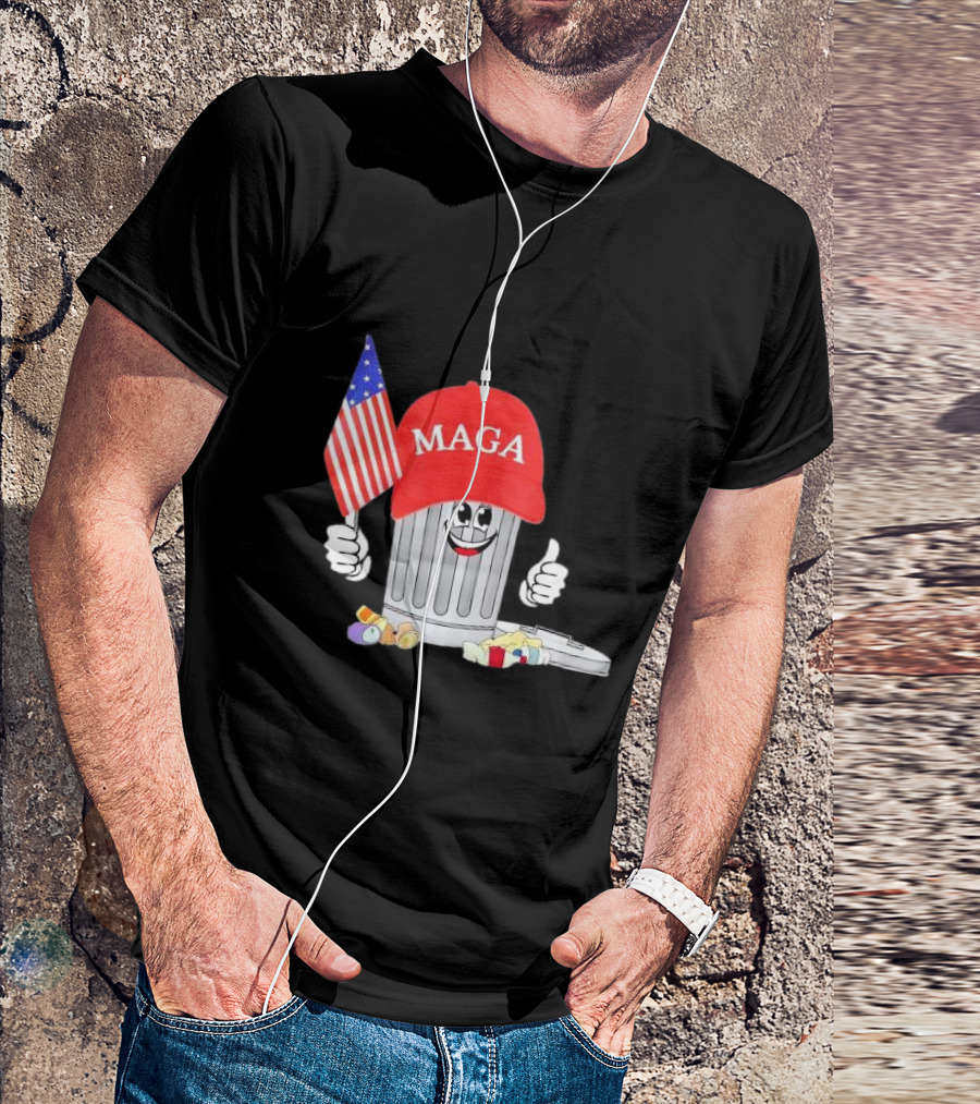MAGA Garbage Can Cartoon Character Holding American Flag With Trump Hat T-Shirt