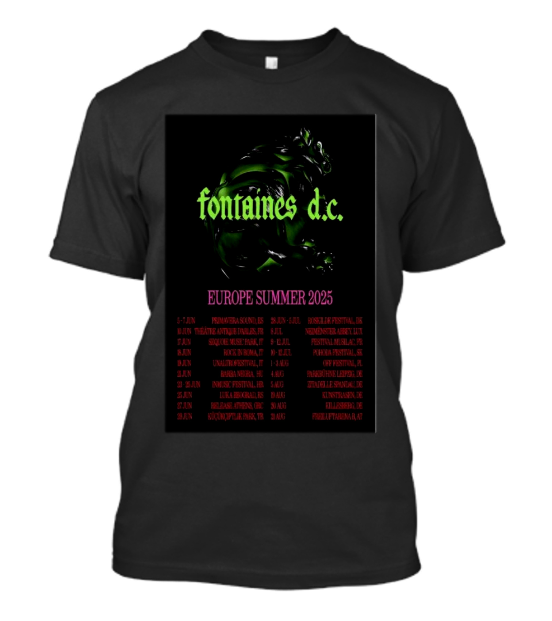 Fontaines D.C. Europe Summer 2025 Tour Dates Green And Black Horse Motif T-Shirt