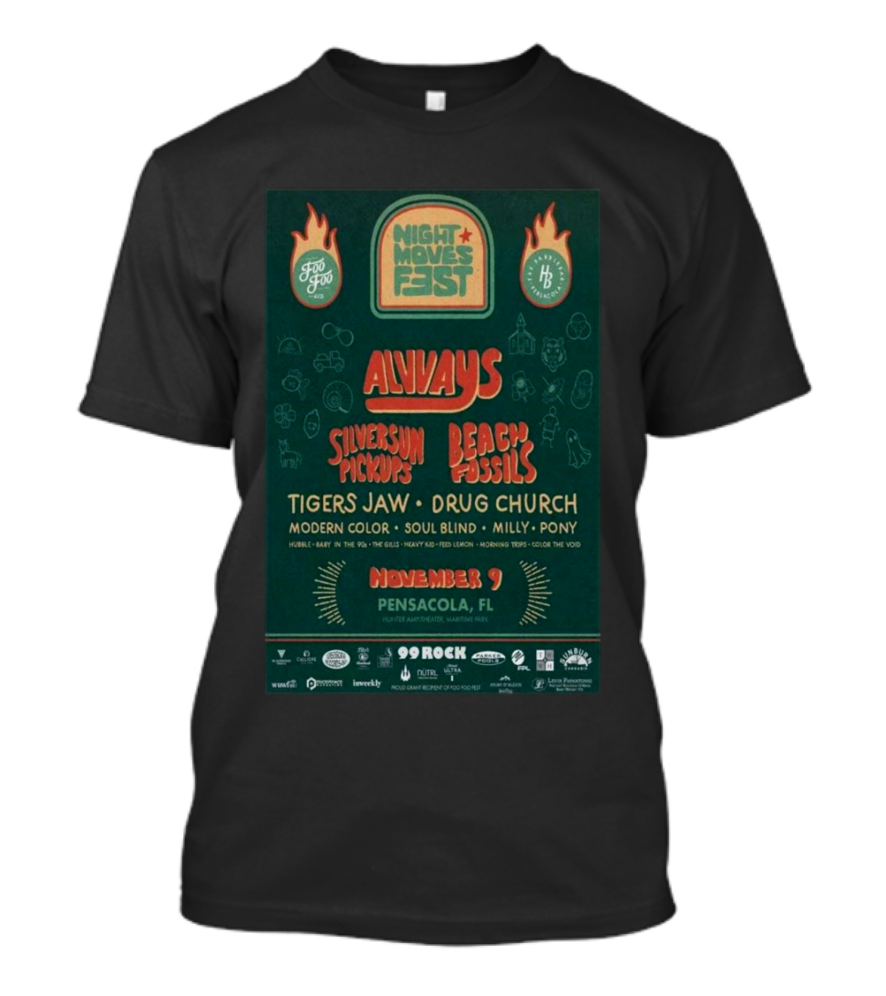 Night Moves Fest 2024 Pensacola FL Featuring Alvvays Silversun Pickups Beach Fossils November 9 T-Shirt