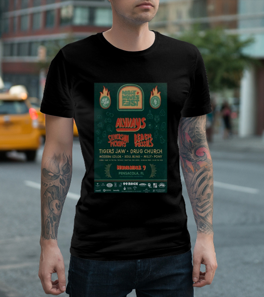 Night Moves Fest 2024 Pensacola FL Featuring Alvvays Silversun Pickups Beach Fossils November 9 T-Shirt