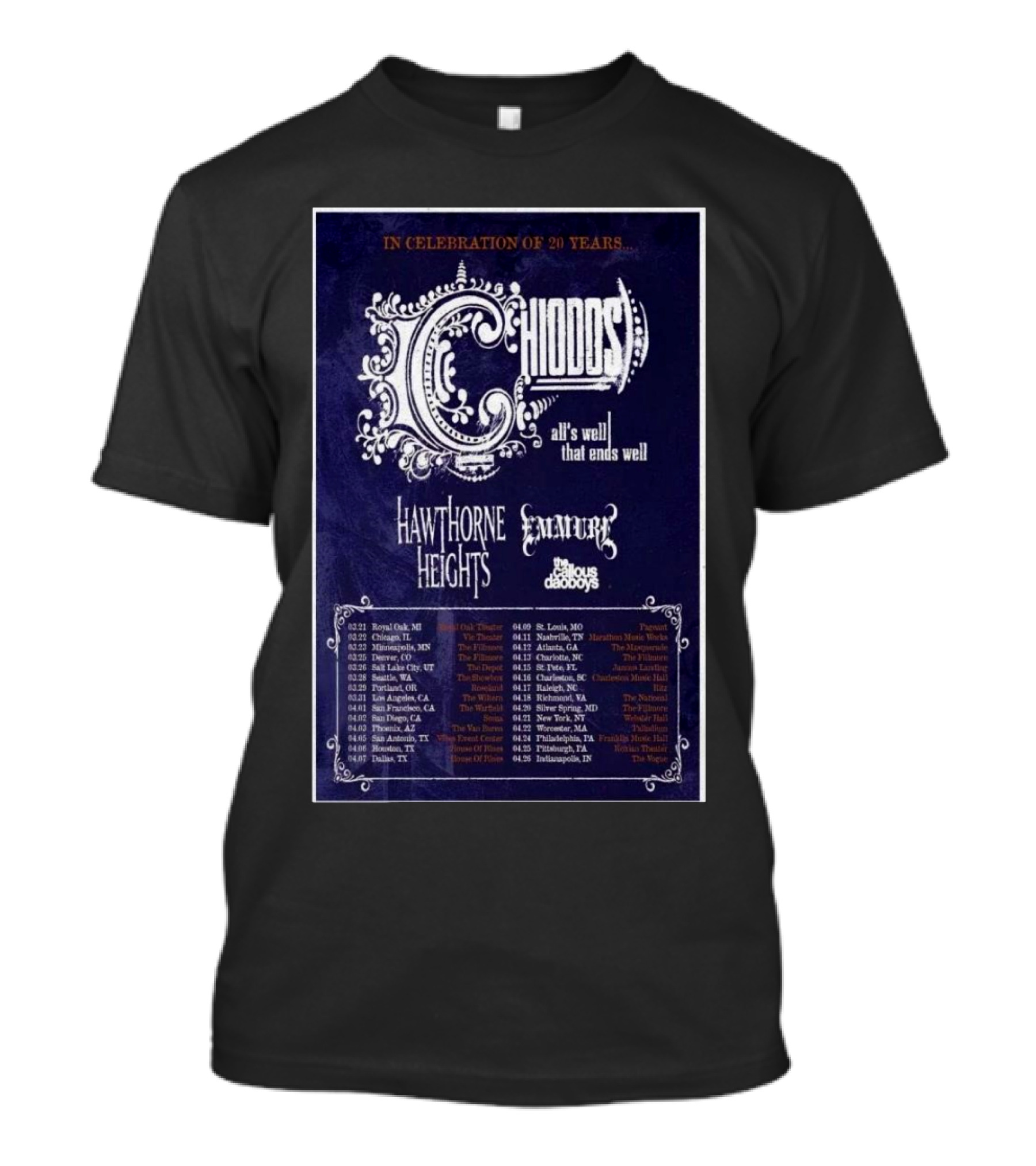 Chiodos All's Well That Ends Well 20th Anniversary Tour 2025 Featuring Hawthorne Heights And Emery T-Shirt