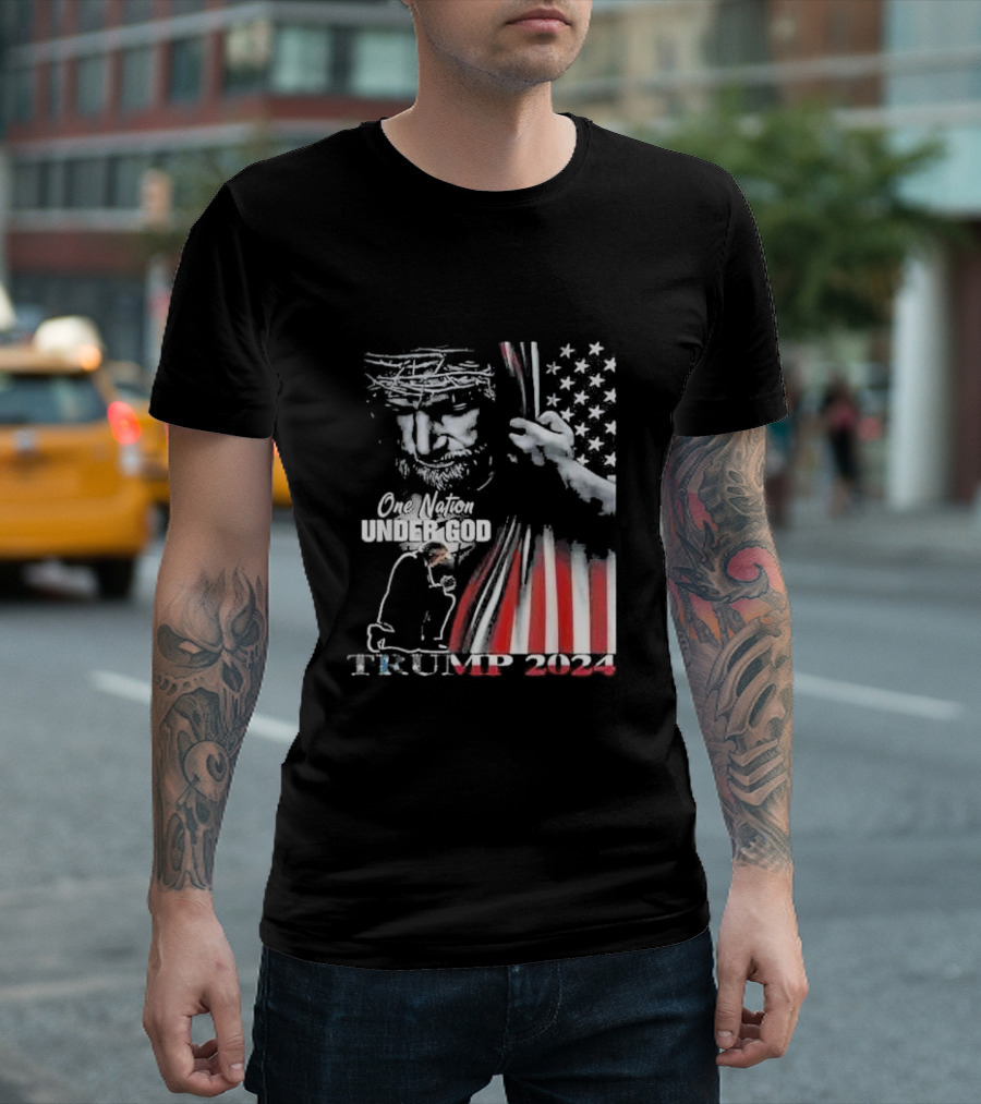 One Nation Under God Trump 2024 Prayer American Flag Jesus T-Shirt