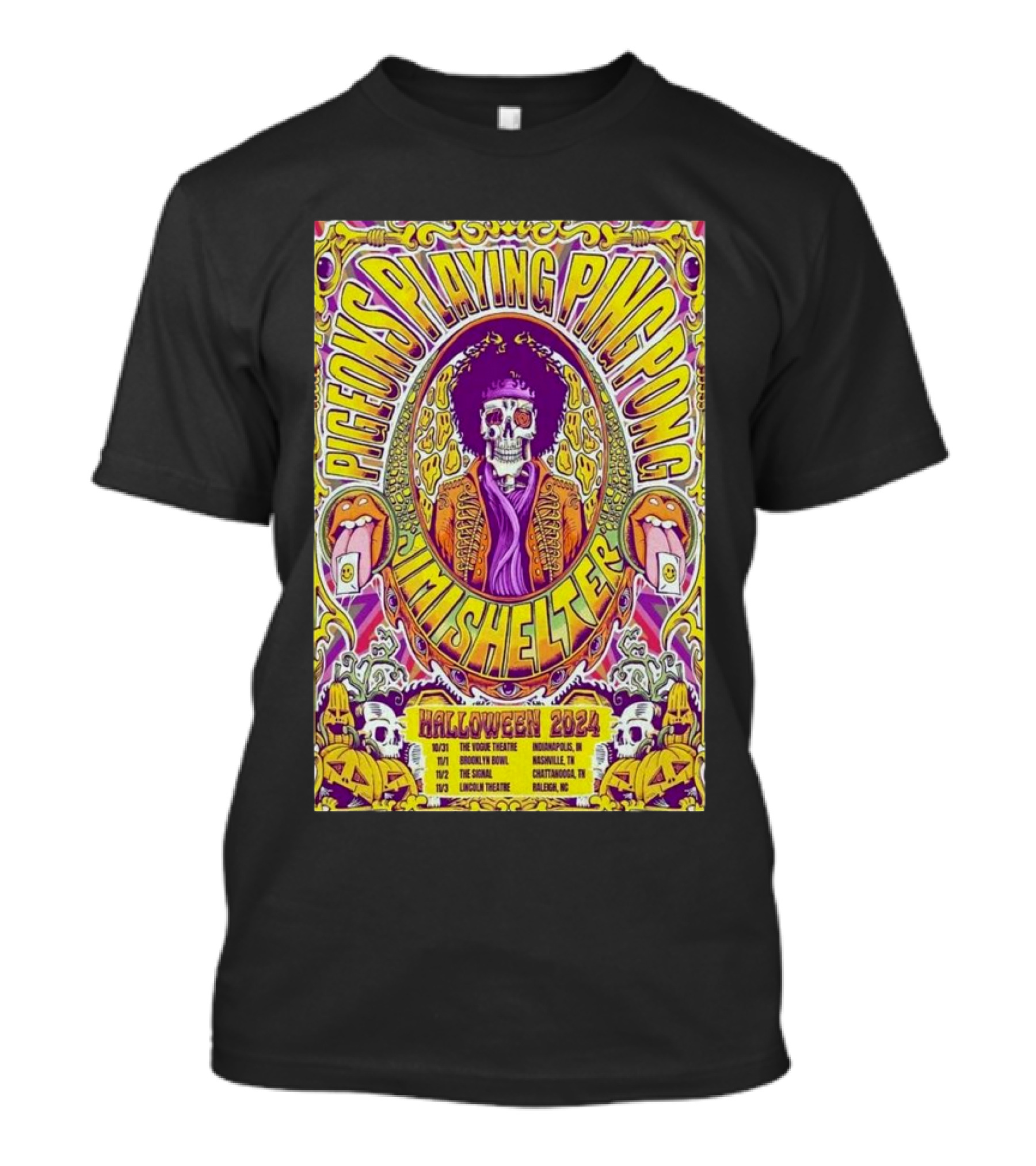 Pigeons Playing Ping Pong Halloween 2024 Chattanooga Tn Jam Shelter Rolling Stones Tongue Skull Psychedelic T-Shirt
