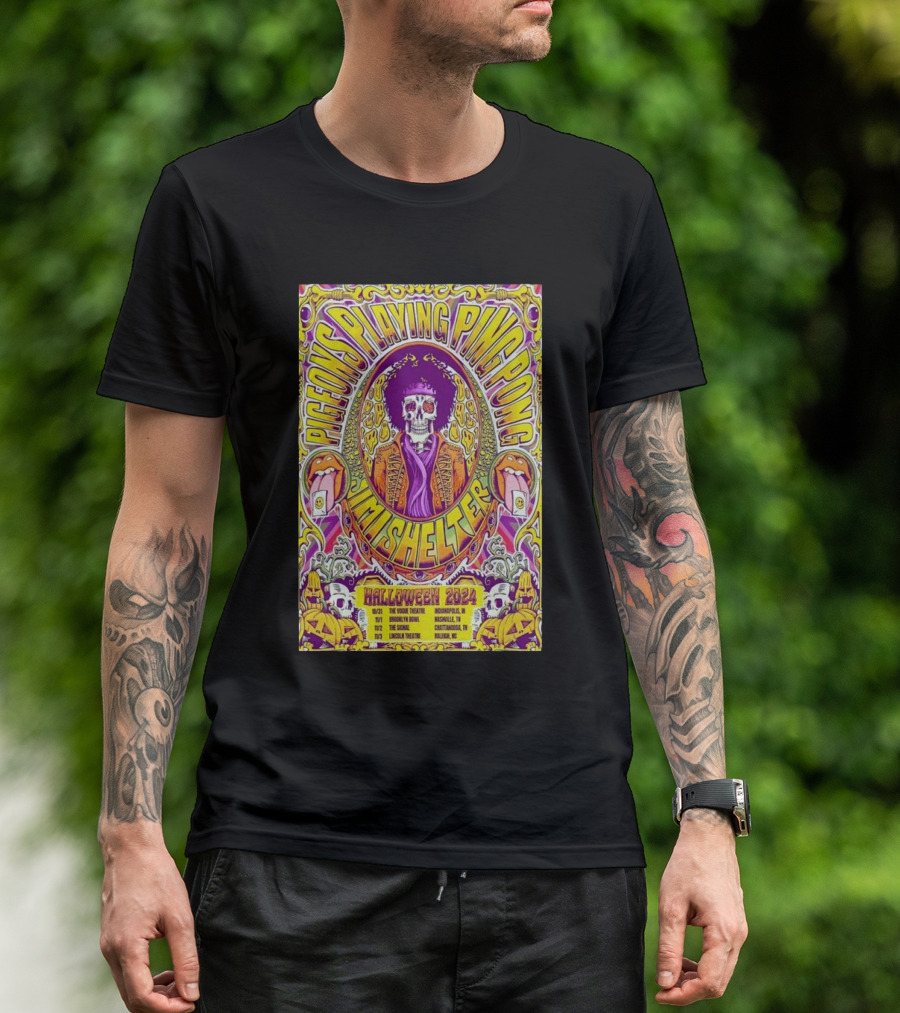 Pigeons Playing Ping Pong Halloween 2024 Chattanooga Tn Jam Shelter Rolling Stones Tongue Skull Psychedelic T-Shirt