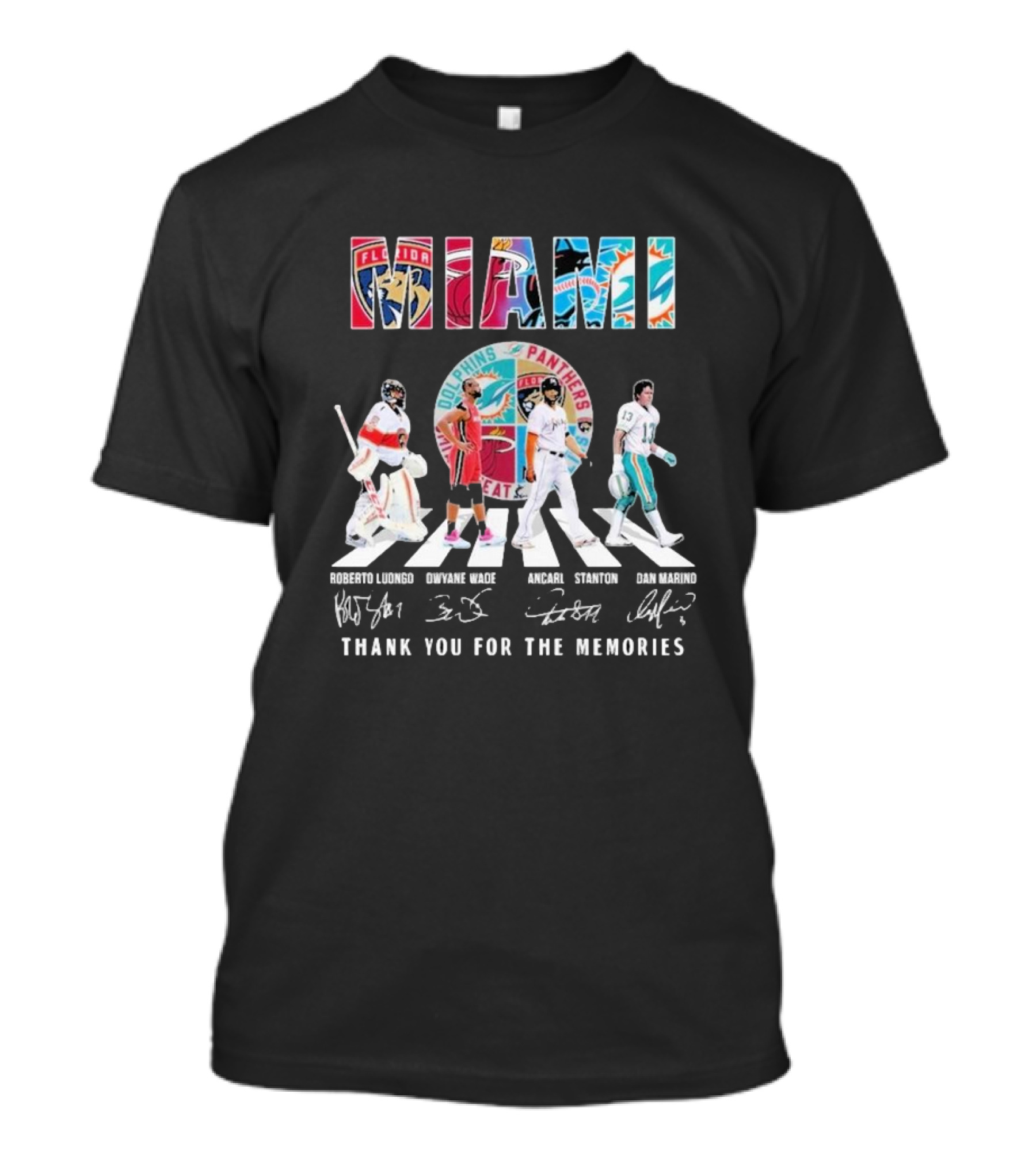 Florida Panthers Miami Heat Miami Marlins Miami Dolphins Roberto Luongo Dwyane Wade Ancarlo Stanton Dan Marino Thank You For The Memories T-Shirt