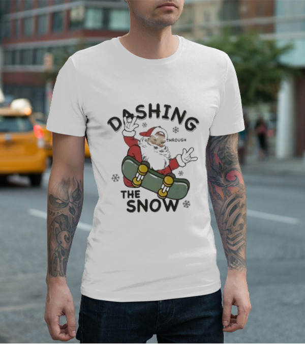 Santa Dashing Through The Snow On Snowboard Christmas T-Shirt