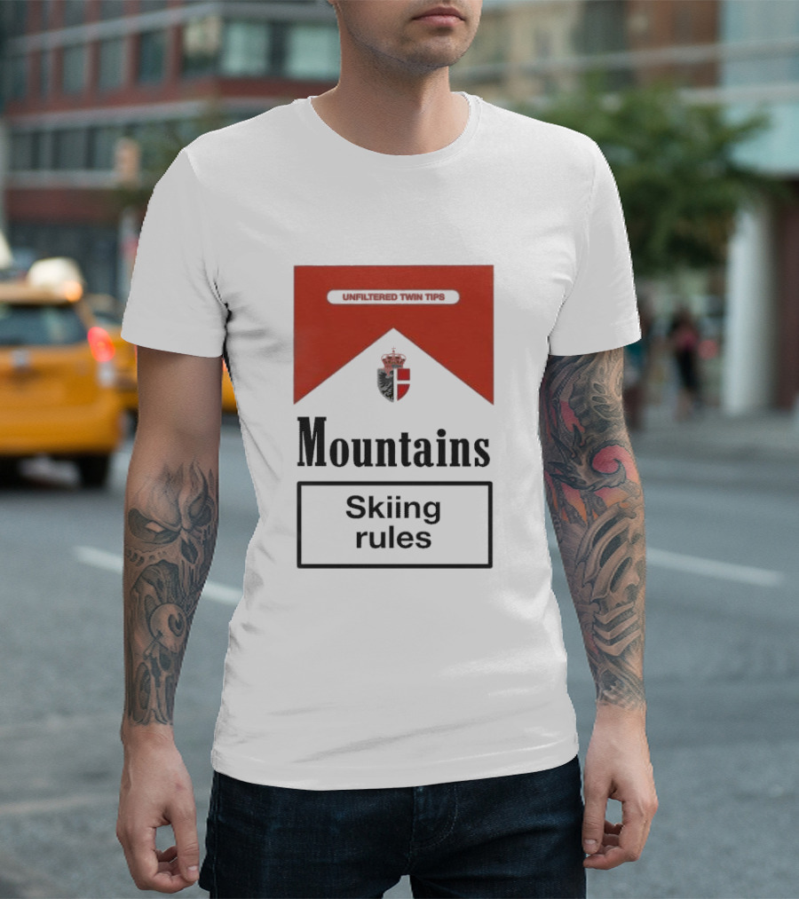 Unfiltered Twin Tips Mountains Skiing Rules Crest T-Shirt