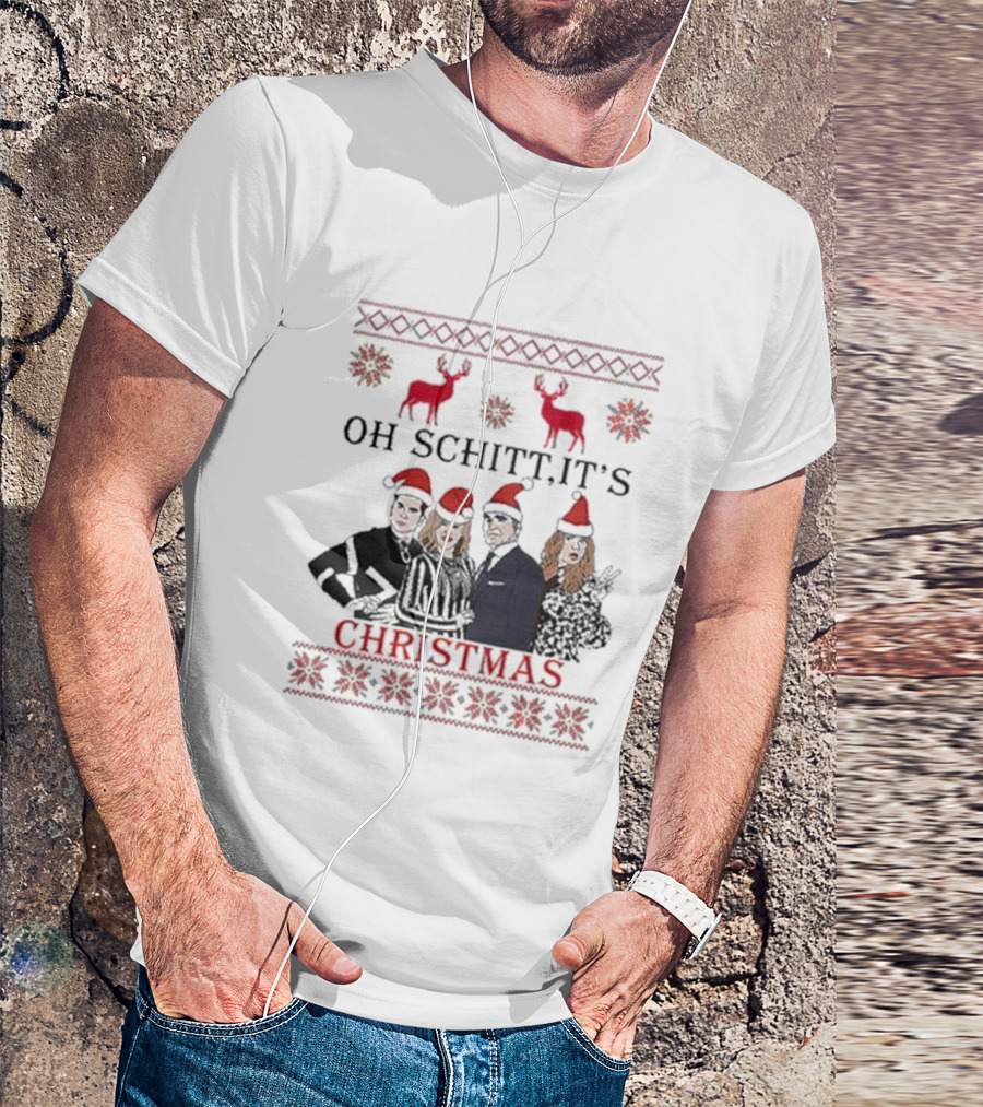Oh Schitt It's Christmas Holiday 2024 Sweater Reindeer And Characters With Santa Hats T-Shirt