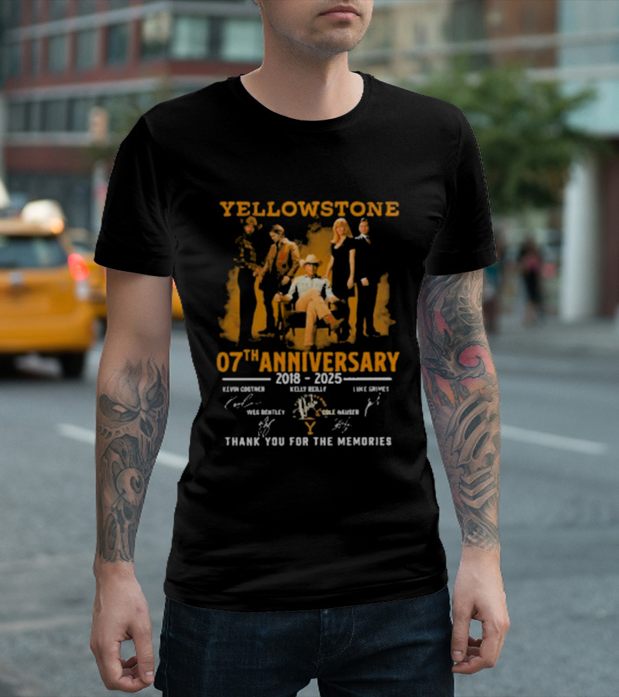 Yellowstone 7th Anniversary 2018-2025 Kevin Costner Luke Grimes Signatures Thank You For The Memories T-Shirt