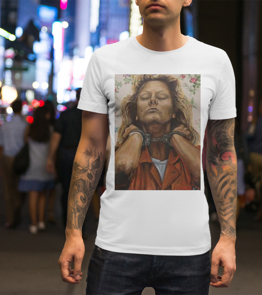 Lyndsay Grimes Aileen Mugshot Portrait With Handcuffs And Floral Background T-Shirt
