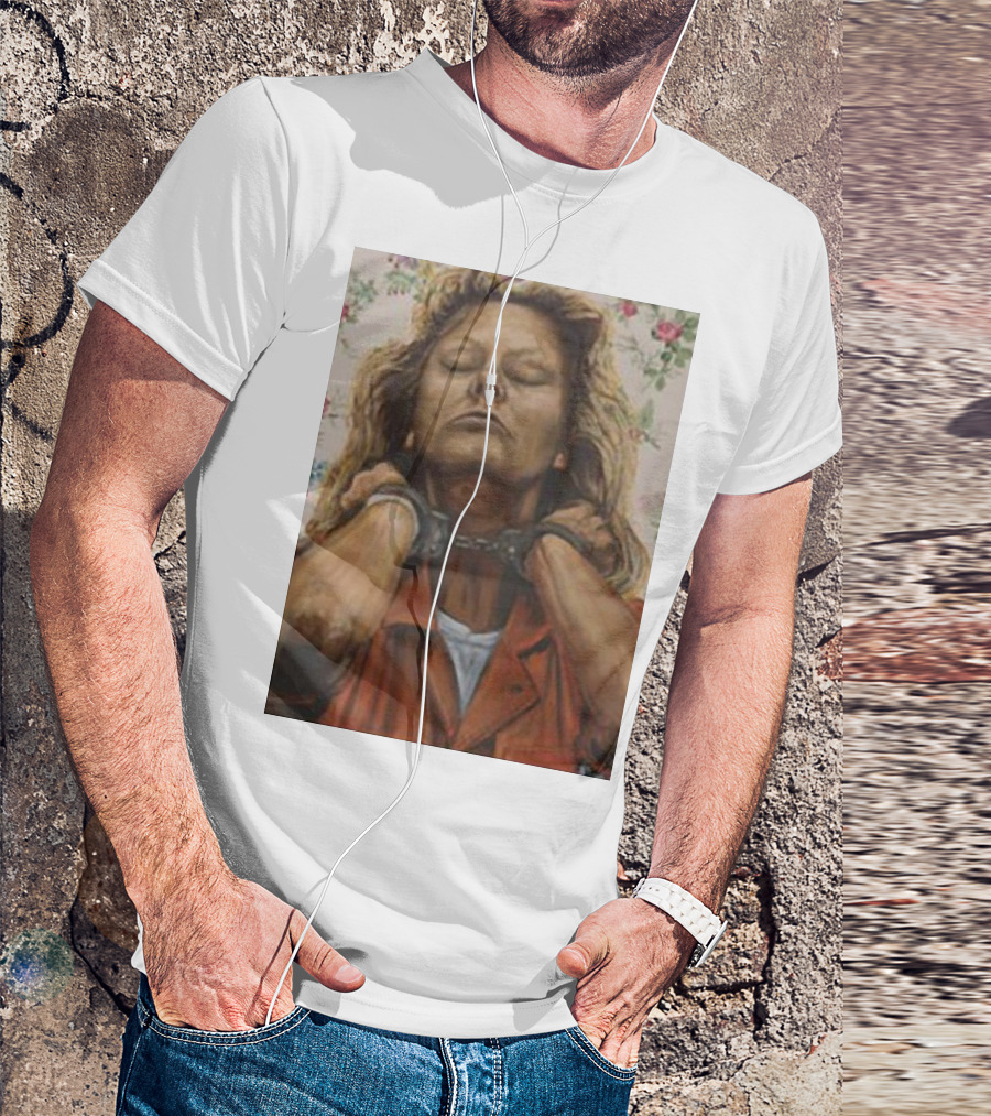 Lyndsay Grimes Aileen Mugshot Portrait With Handcuffs And Floral Background T-Shirt
