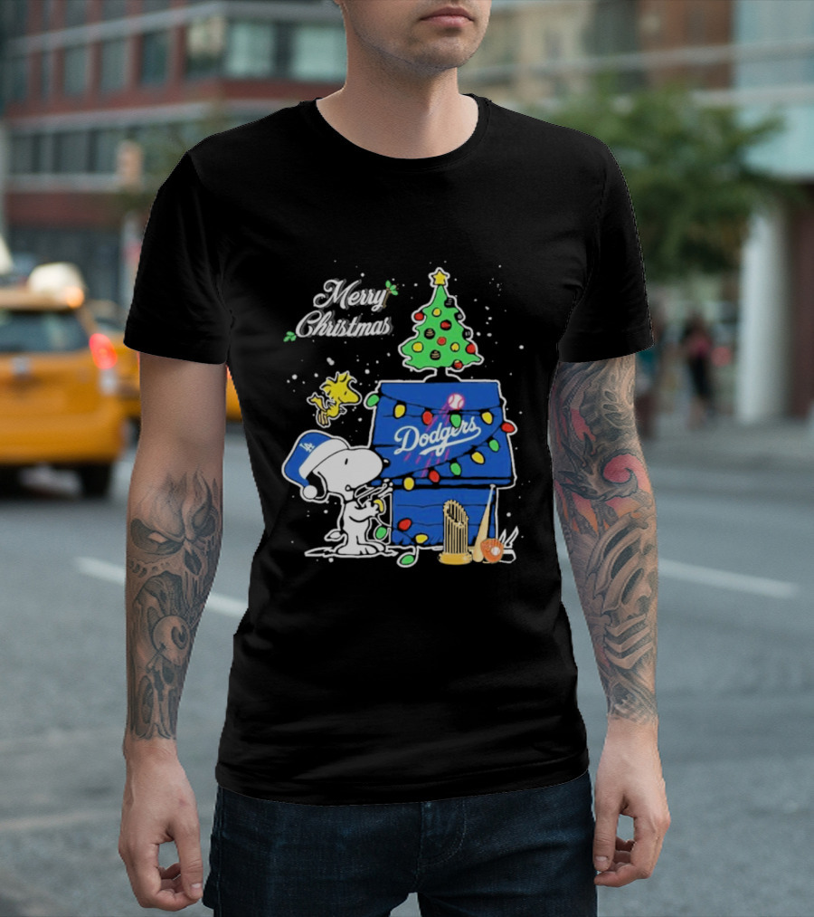 Merry Christmas Snoopy Los Angeles Dodgers Tree Lights Woodstock T-Shirt