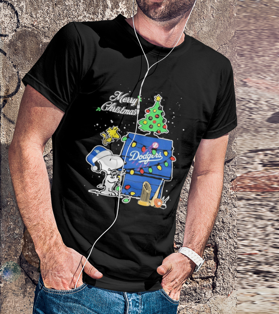 Merry Christmas Snoopy Los Angeles Dodgers Tree Lights Woodstock T-Shirt