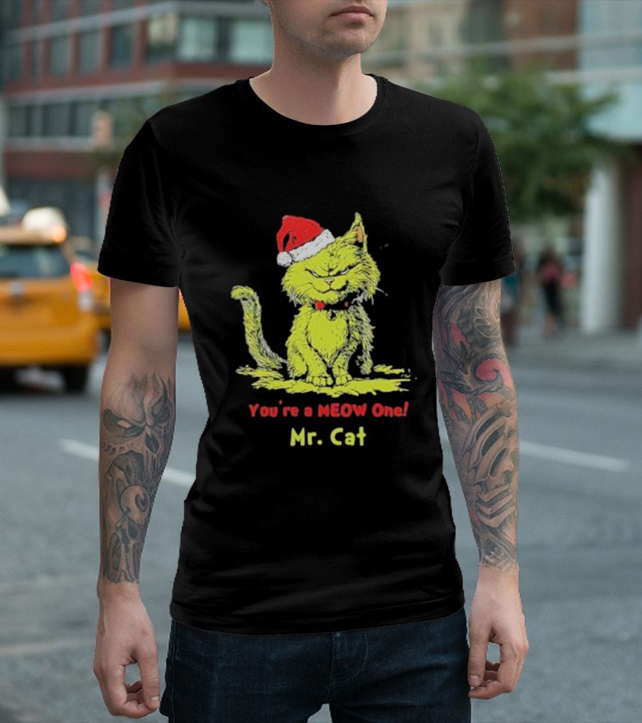 You're A Meow One Mr. Cat Christmas With Santa Hat Grinch T-Shirt