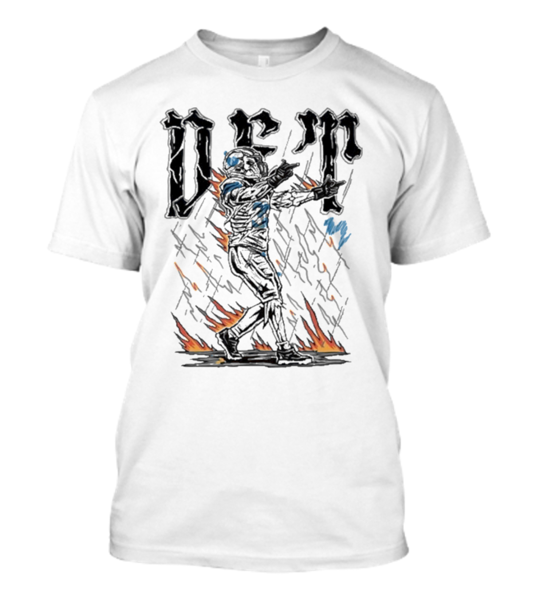 DeM Bird 2024 Footballer With Flames Rain Background T-Shirt