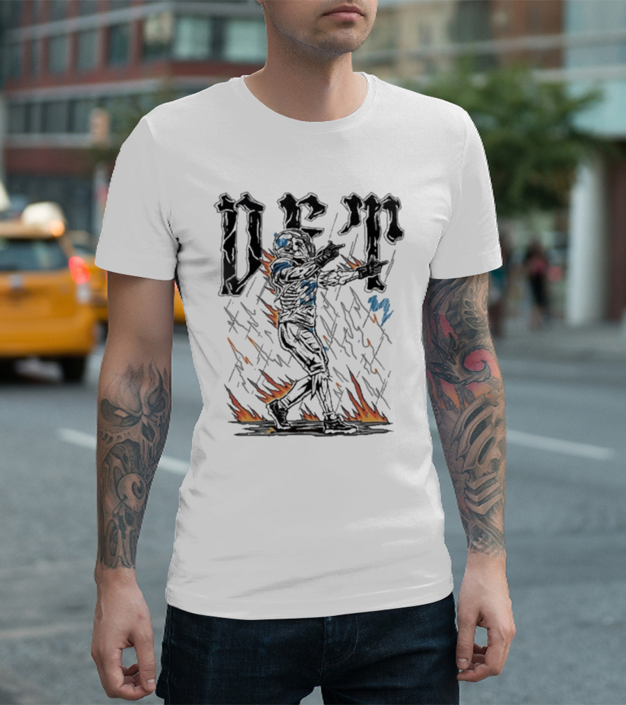 DeM Bird 2024 Footballer With Flames Rain Background T-Shirt