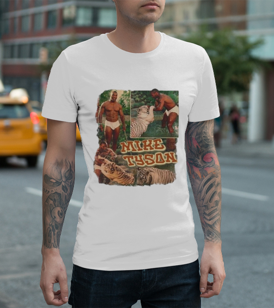 Mike Tyson with Tigers Vintage 90s Style Collage T-Shirt