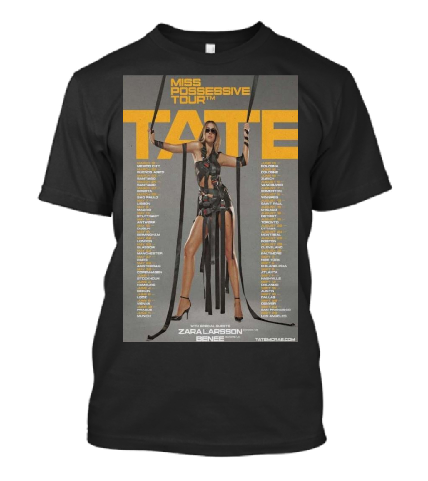 Tate McRae Miss Possessive Tour 2025 Featuring Zara Larsson And Benee Tour Dates T-Shirt