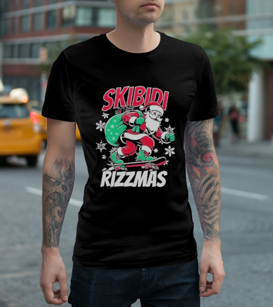 Skibidi Rizzmas Santa Claus Skateboarding Christmas T-Shirt