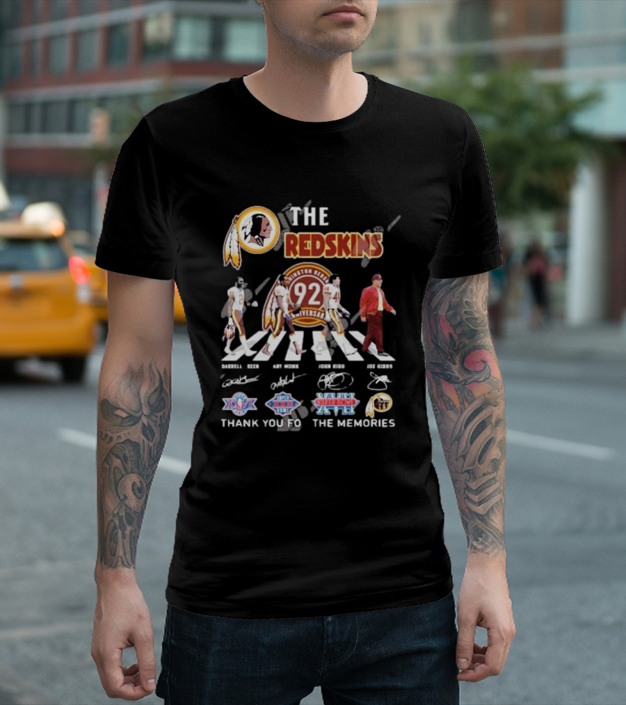 The Redskins 92nd Anniversary Thank You For The Memories With Darrell Green Art Monk John Riggins Joe Gibbs Abbey Road T-Shirt