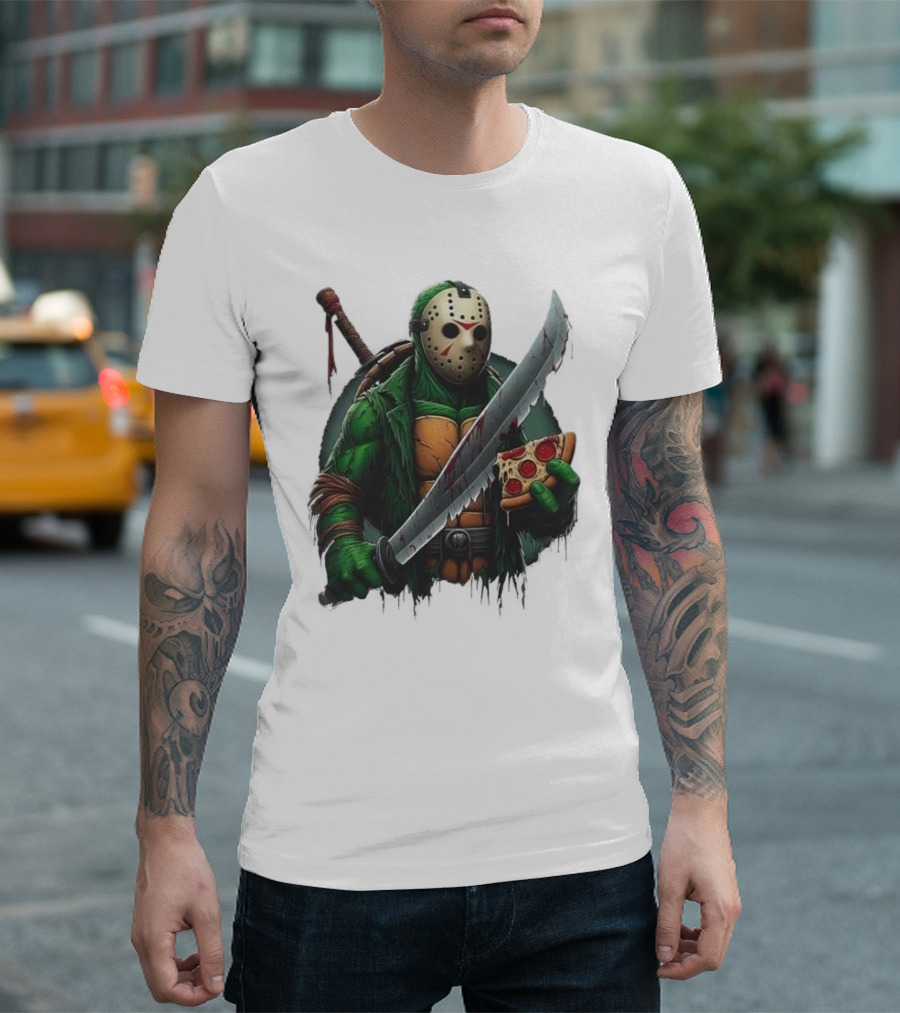 Jason Voorhees Ninja Turtle Pizza Swordsman Crossover T-Shirt