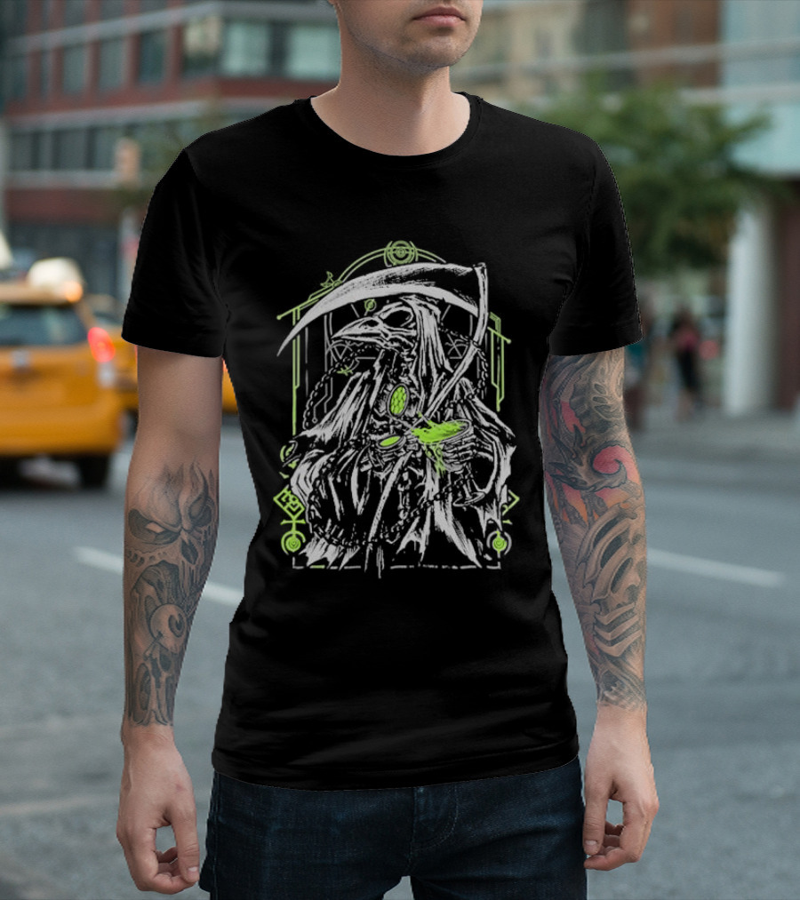Xavleg Plague Reaper Death Raven In Green And White With Scythe And Potion T-Shirt
