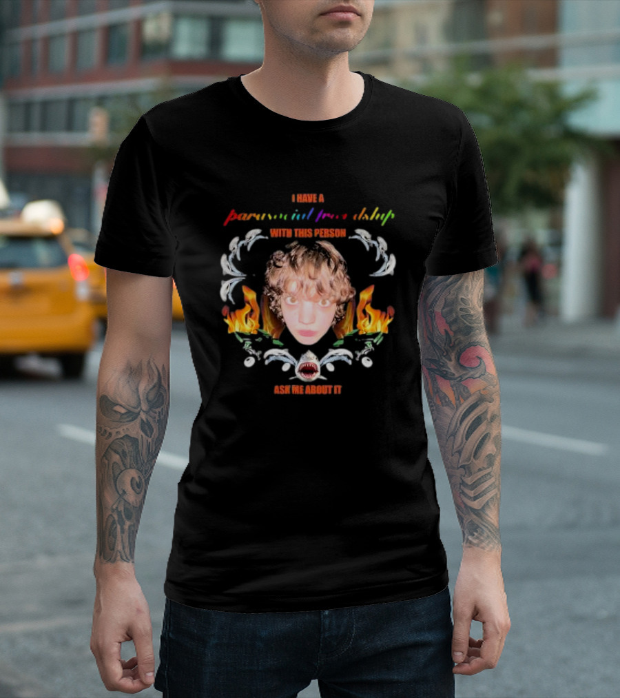 I Have A Parasocial Friendship With This Person Ask Me About It Face Flames Shark Skulls Spiral T-Shirt