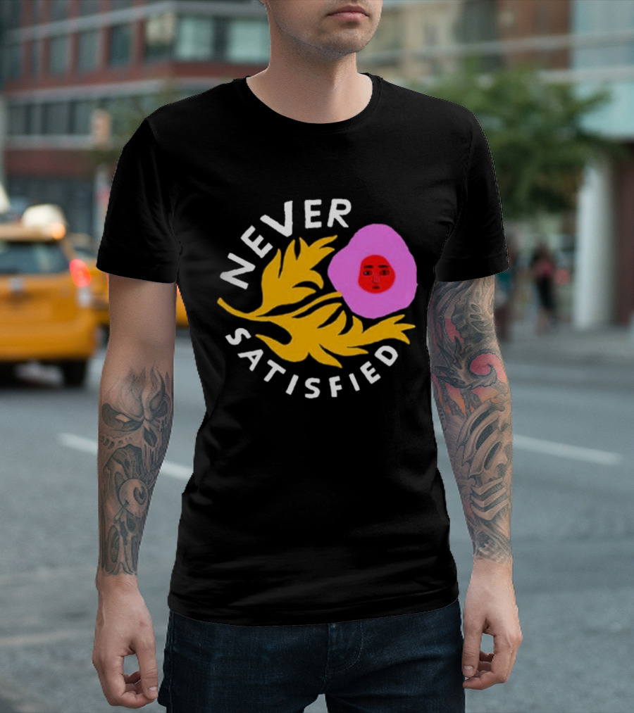 Never Satisfied Pink Mask Face with Yellow Leaves T-Shirt