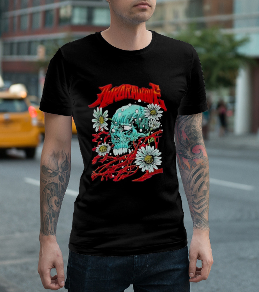 Aurorawave Blooming Skull with Daisies and Red Branches T-Shirt