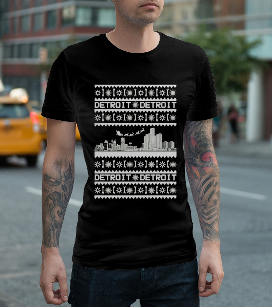 Detroit Skyline Christmas Snowflakes Santa Detroit T-Shirt