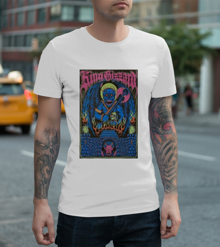 King Gizzard and the Lizard Wizard Show St Augustine FL November 20 2024 Gothic Blue Demon Artwork with Flaming Castle and Skull Axe T-Shirt