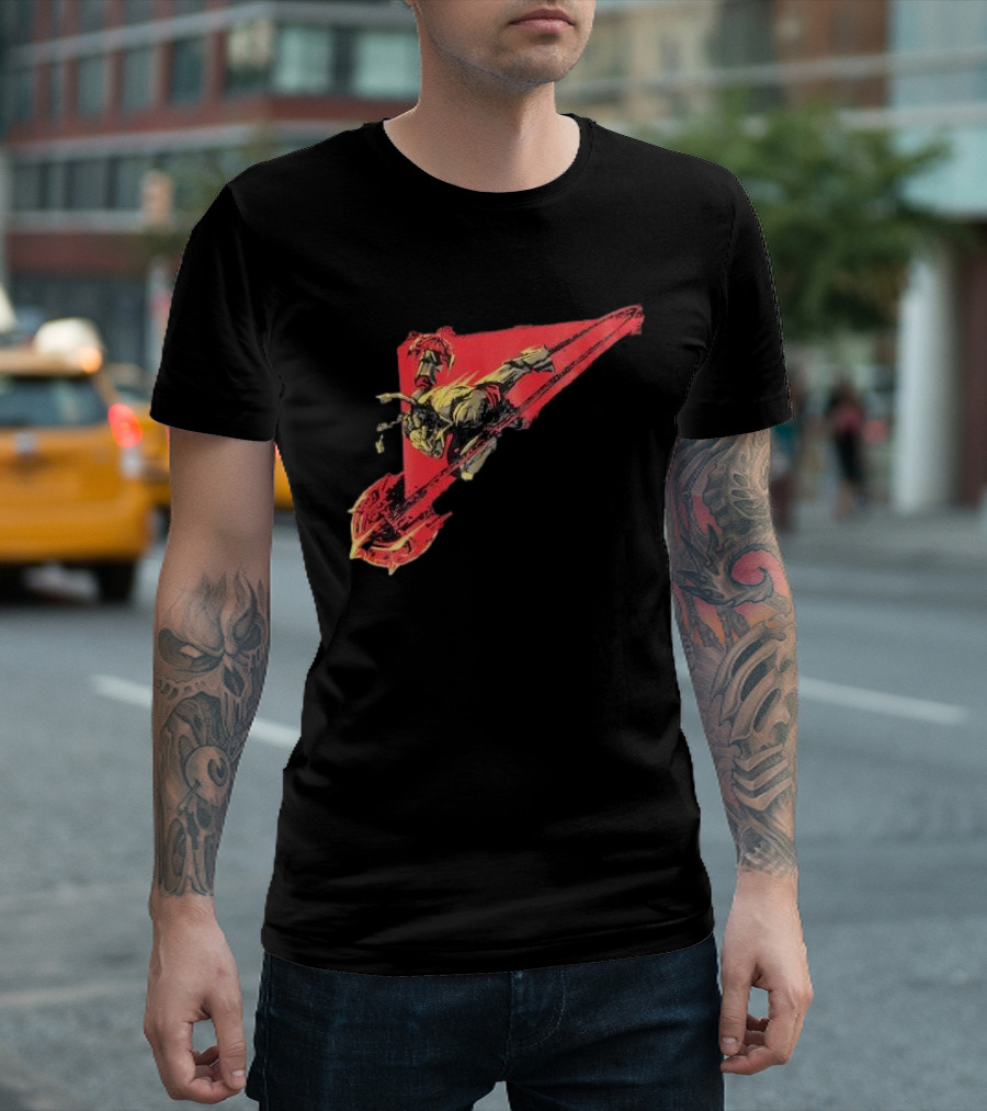 Arcane Ambessa Warrior Riding Battle Axe on Red Triangular Path T-Shirt
