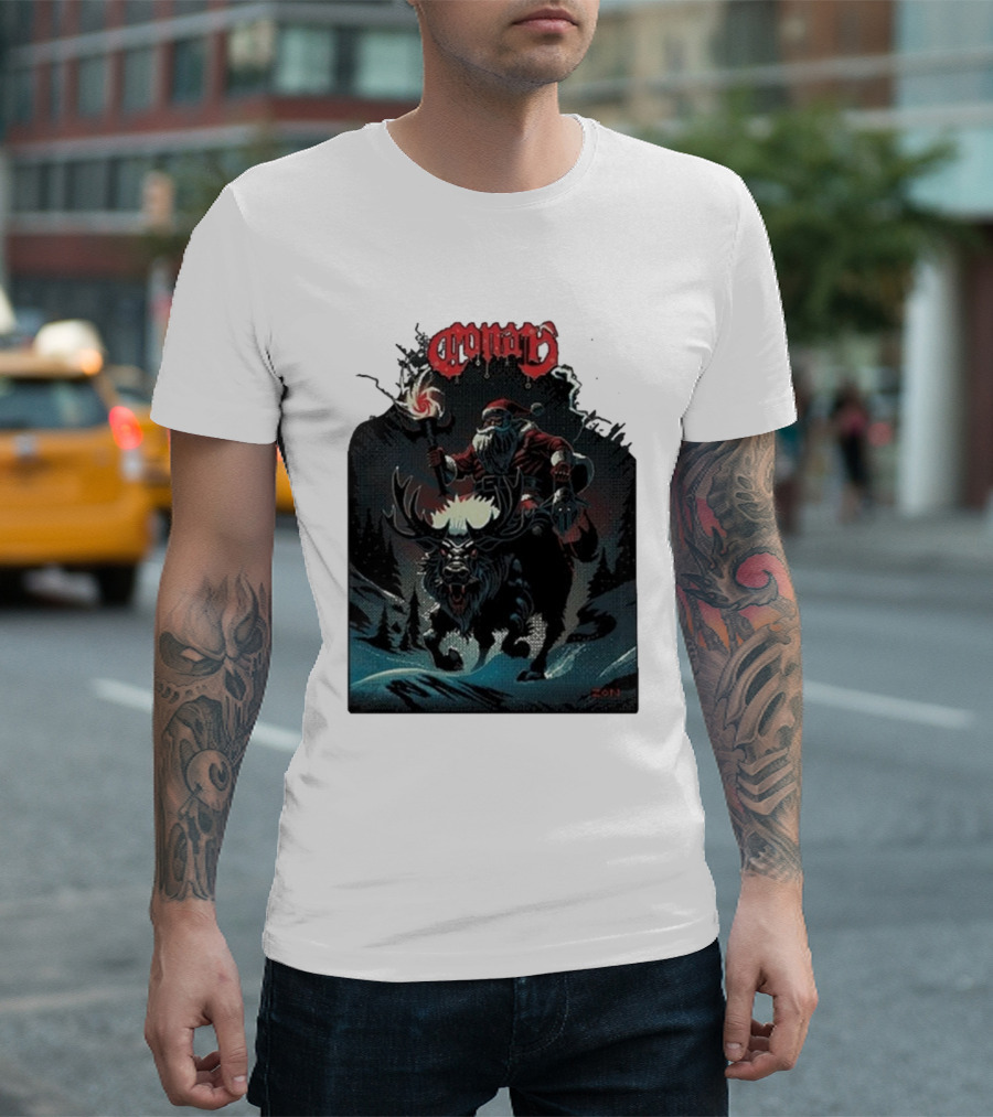 Conan Merry Chrushmas Santa Riding Mythical Beast Torch Dark Forest Scene T-Shirt