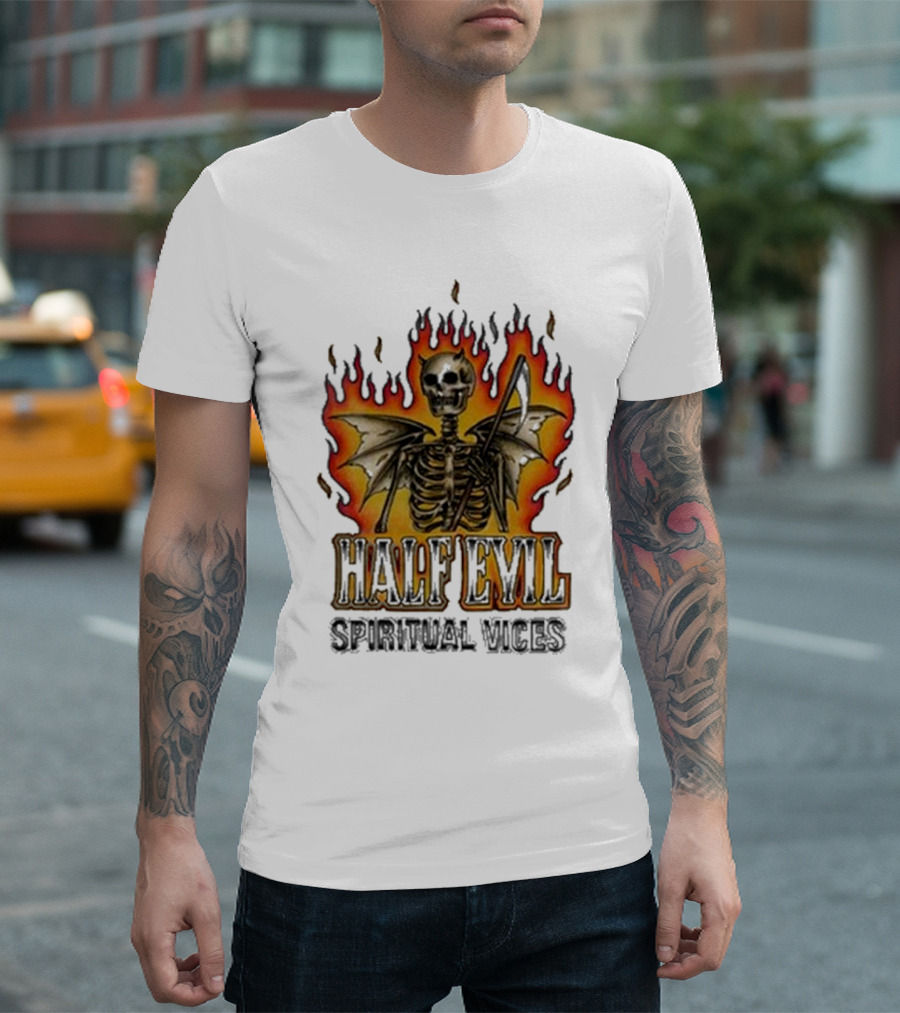 Half Evil Spiritual Vices Flaming Winged Skeleton T-Shirt