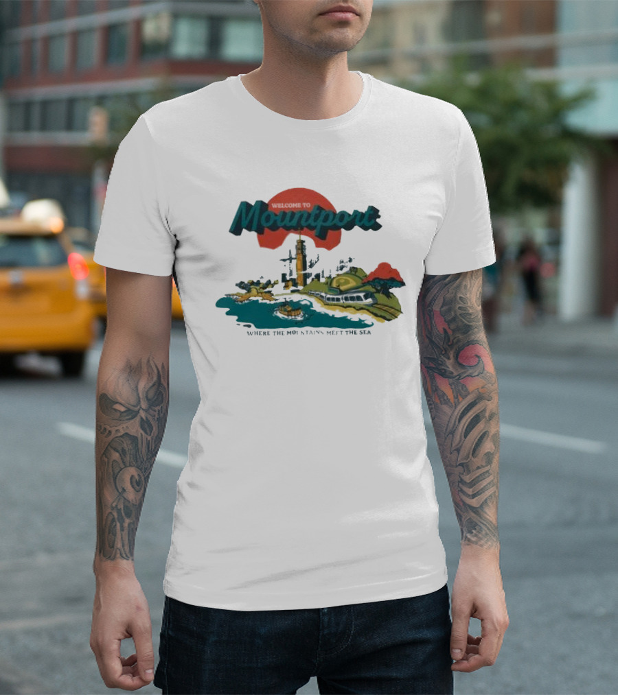 Welcome to Mountport Where the Mountains Meet the Sea Lighthouse and Coastal Landscape T-Shirt