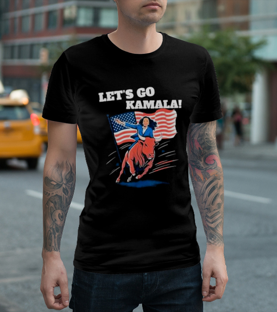 Let's Go Kamala Riding Bull American Flag Election T-Shirt