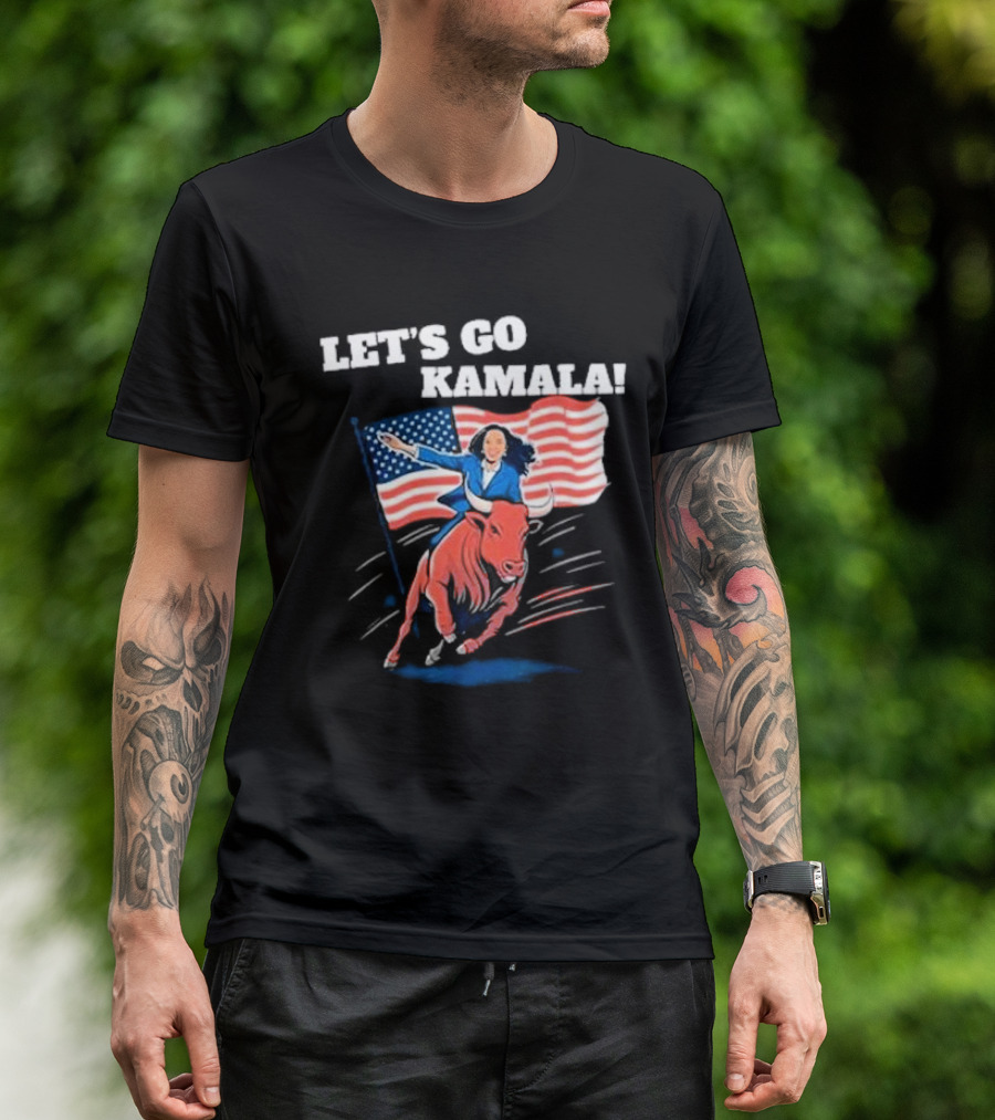 Let's Go Kamala Riding Bull American Flag Election T-Shirt