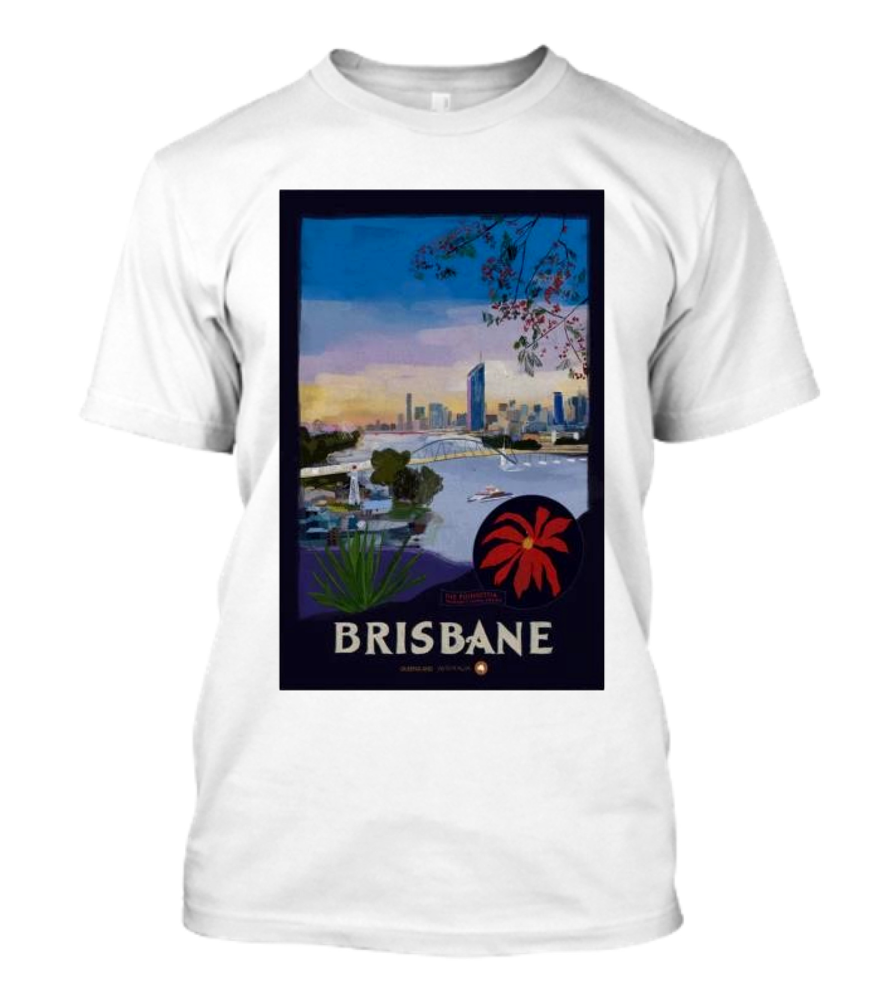 Brisbane Cityscape With Riverside And Floral Elements T-Shirt