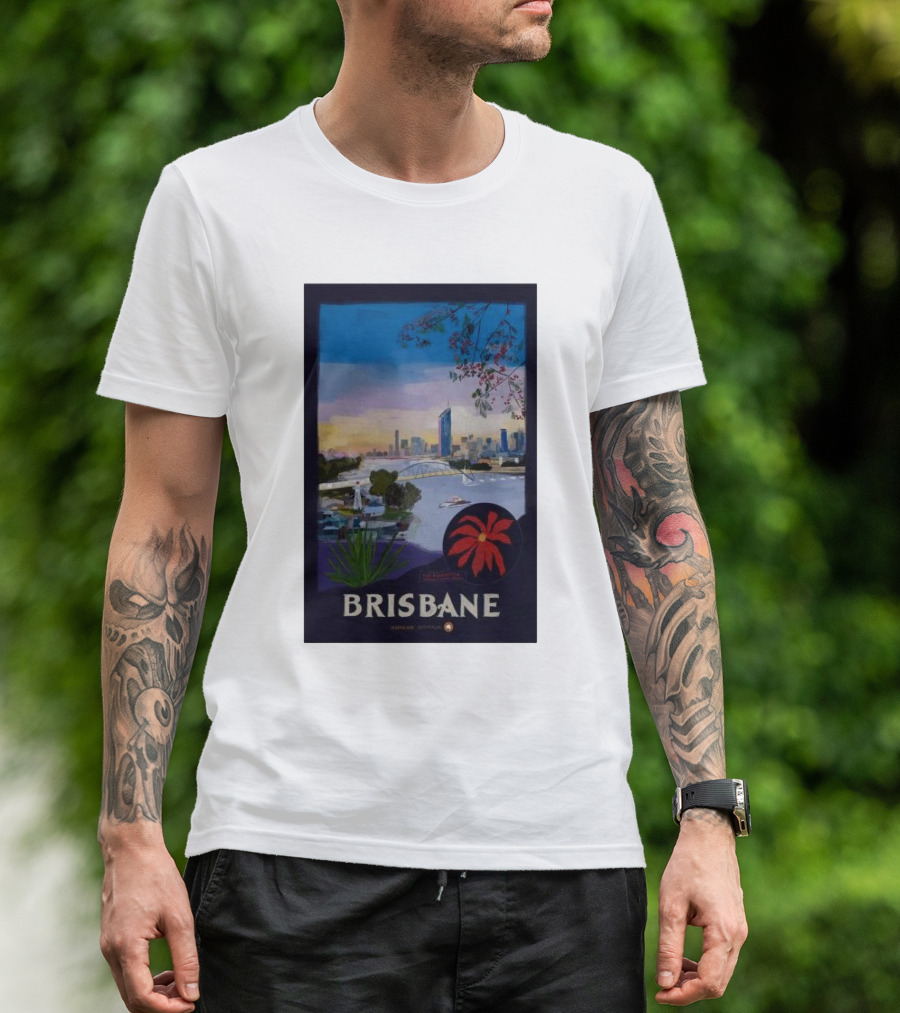 Brisbane Cityscape With Riverside And Floral Elements T-Shirt