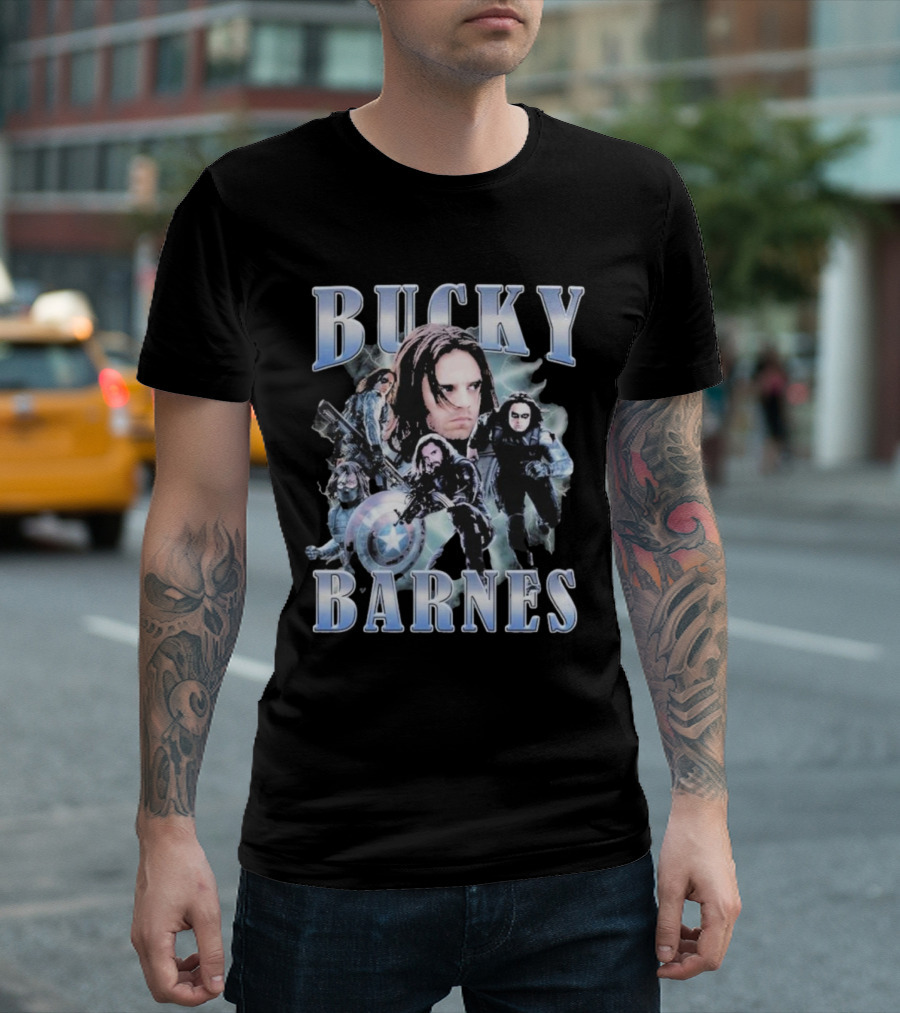 Bucky Barnes Winter Soldier Collage with Shield T-Shirt
