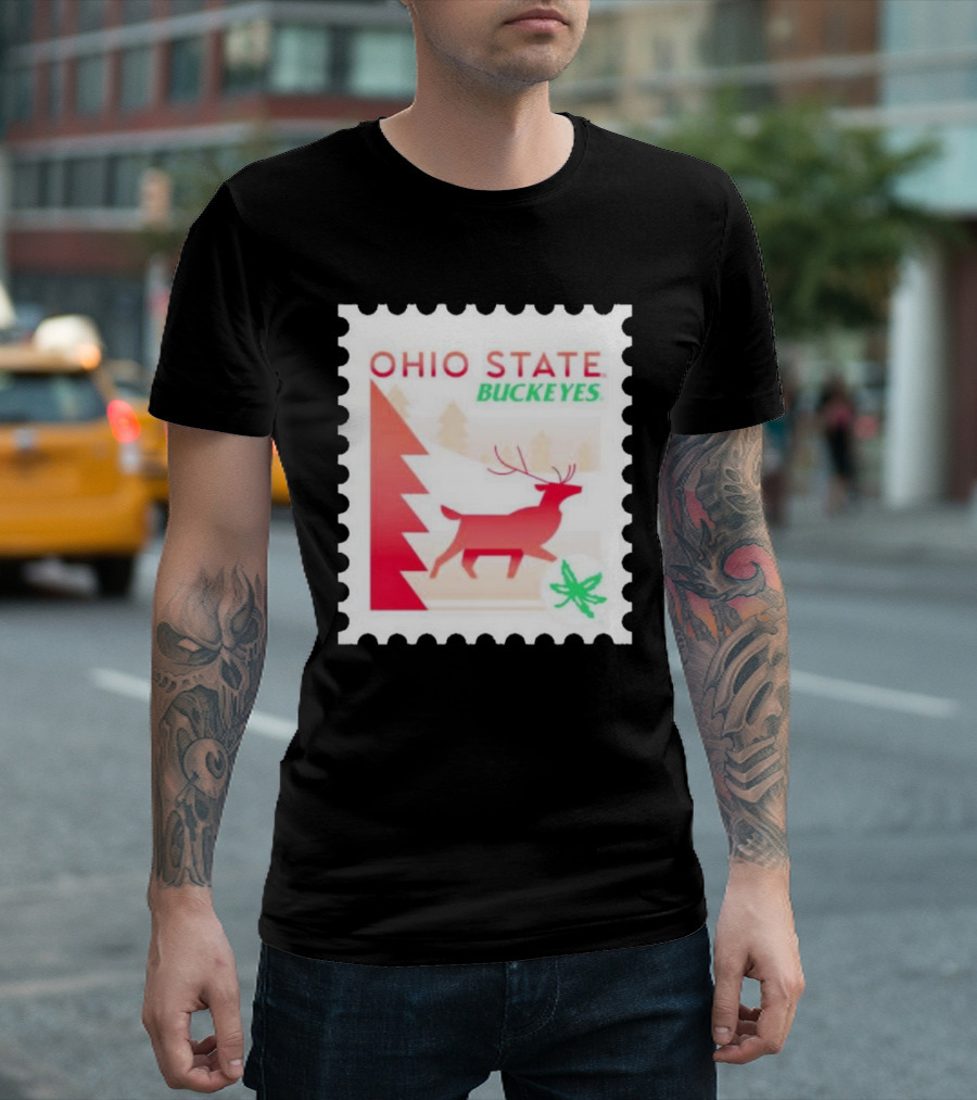 Ohio State Buckeyes Holiday Stamp Reindeer Forest Scene T-Shirt